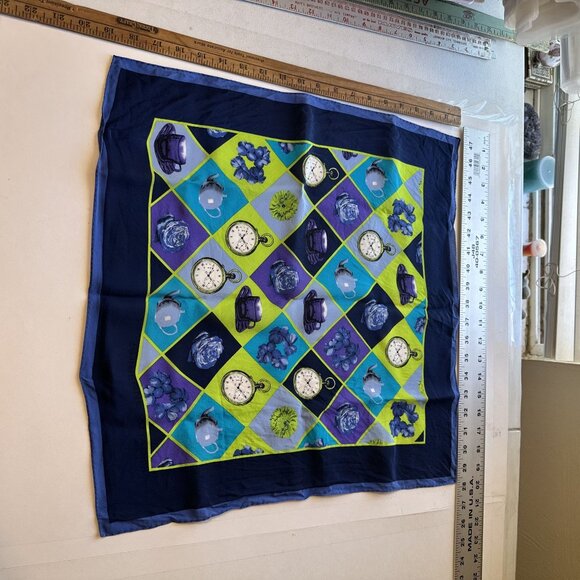 Adrienne Vittadini Blue & Green Silk Scarf Teapots Roses Clocks Checkered Vtg - Picture 3 of 7